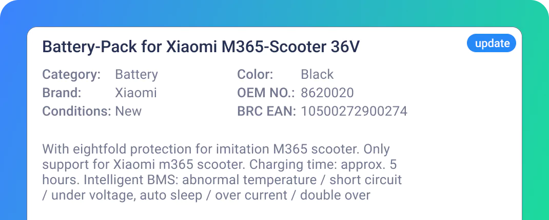 Item detail description, multi barcode, sku and oem numbering